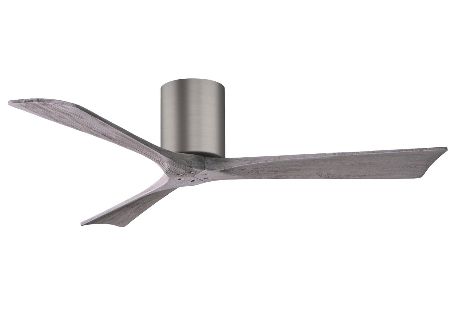 Matthews Fan IR3H-BP-BW-52 Irene-3H three-blade flush mount paddle fan in Brushed Pewter finish with 52” solid barn wood tone blades.
