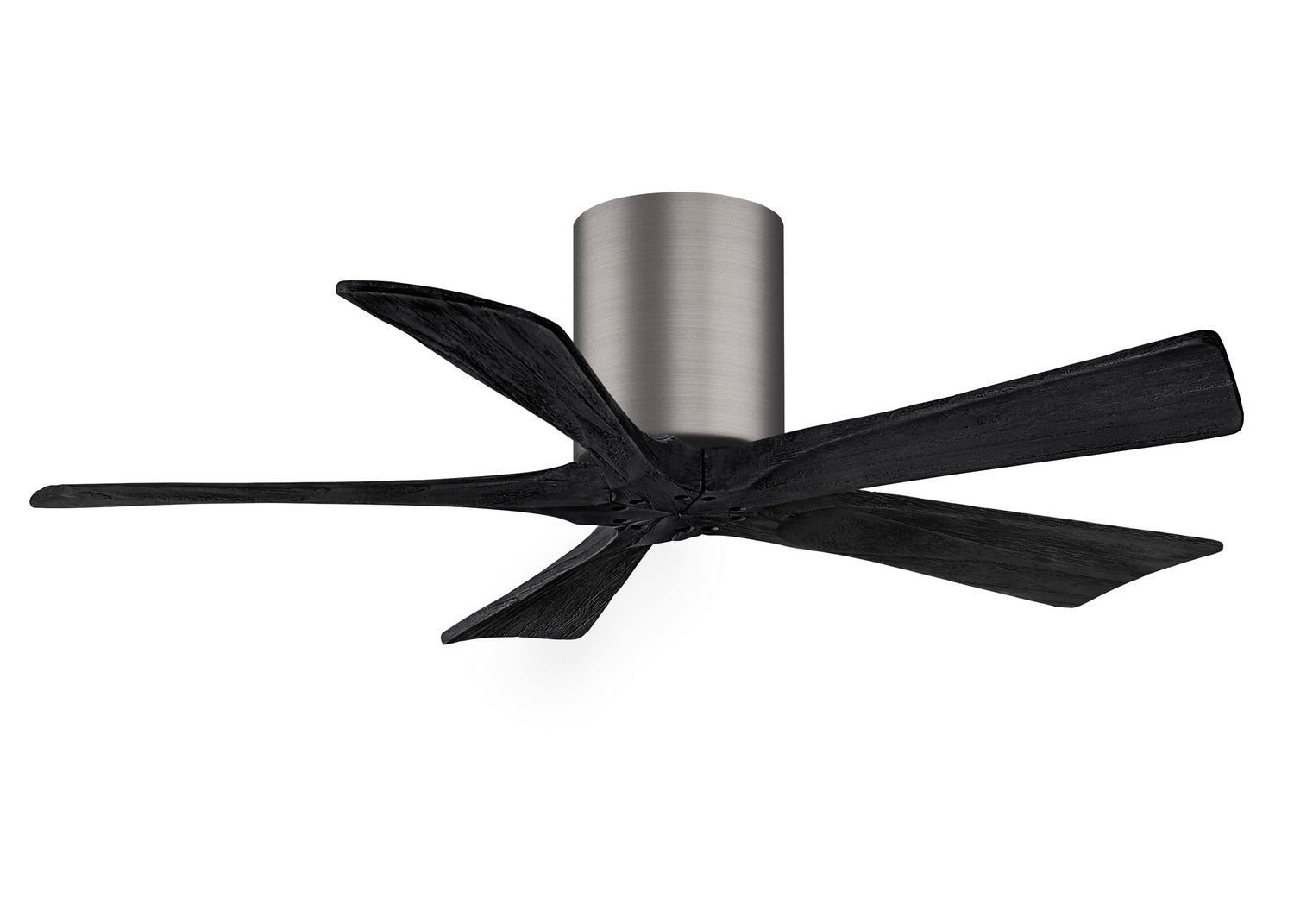 Matthews Fan IR5H-BP-BK-42 Irene-5H five-blade flush mount paddle fan in Brushed Pewter finish with 42” solid matte black wood blades.
