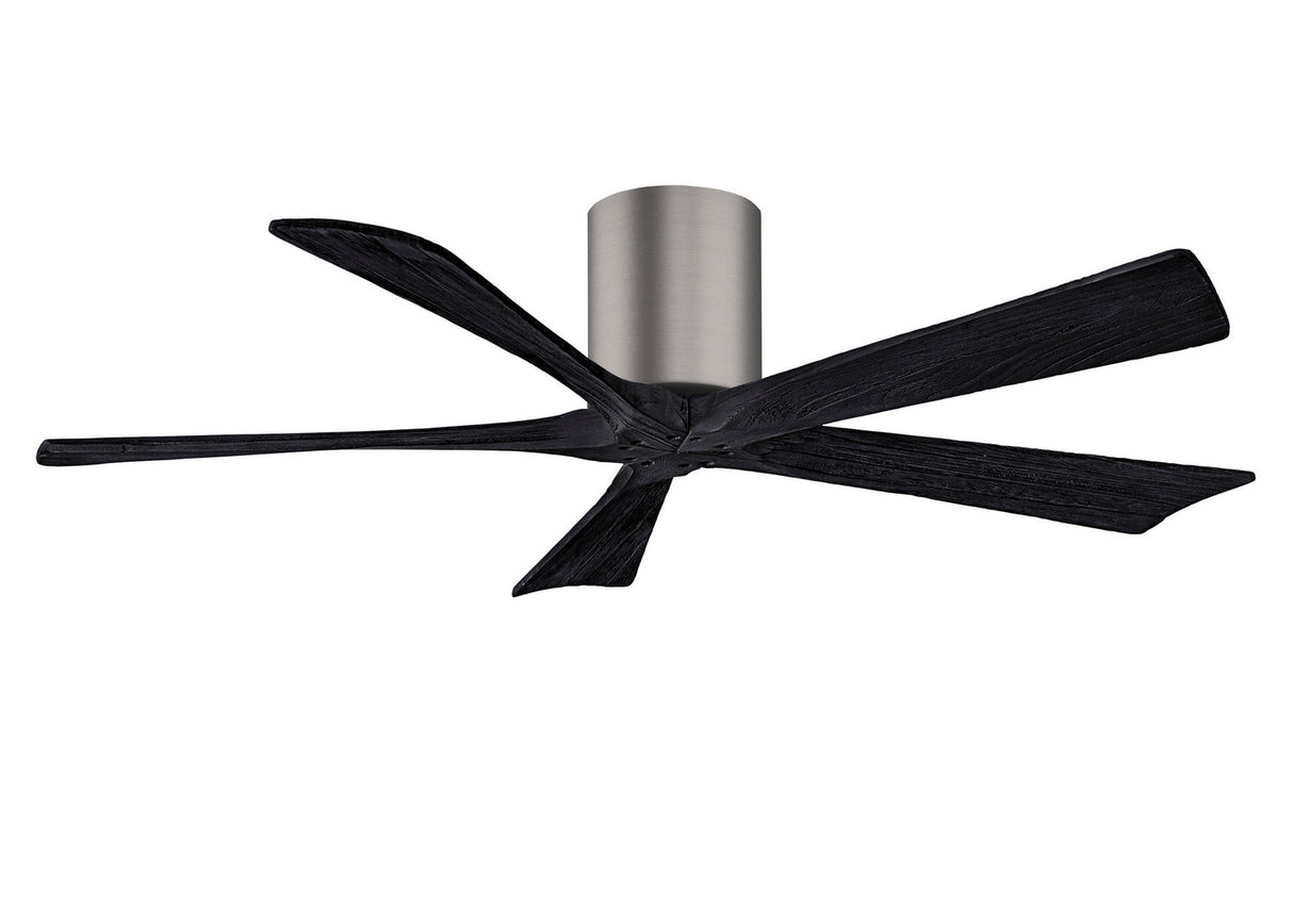 Matthews Fan IR5H-BP-BK-52 Irene-5H five-blade flush mount paddle fan in Brushed Pewter finish with 52” solid matte black wood blades. 