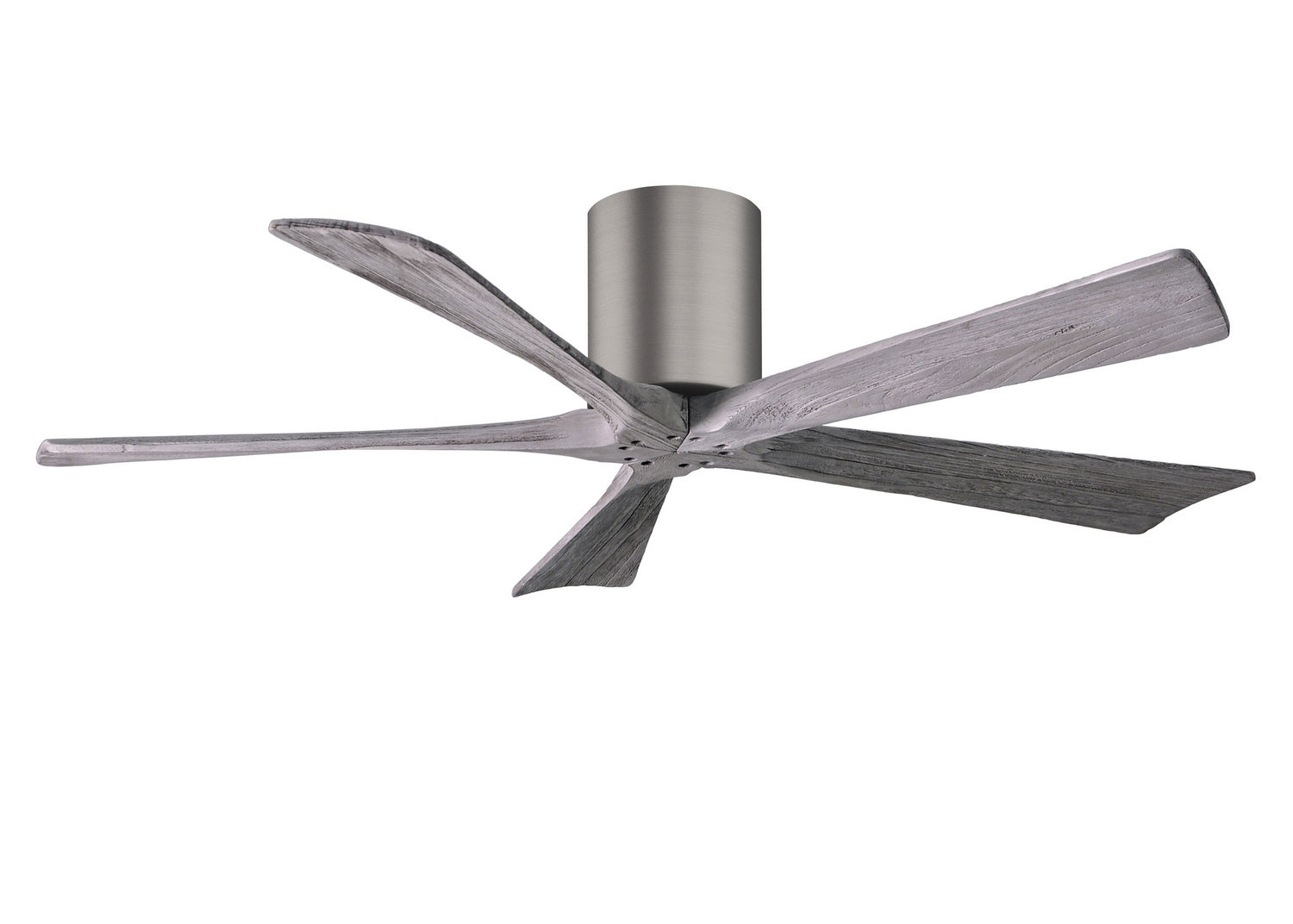 Matthews Fan IR5H-BP-BW-52 Irene-5H five-blade flush mount paddle fan in Brushed Pewter finish with 52” solid barn wood tone blades.