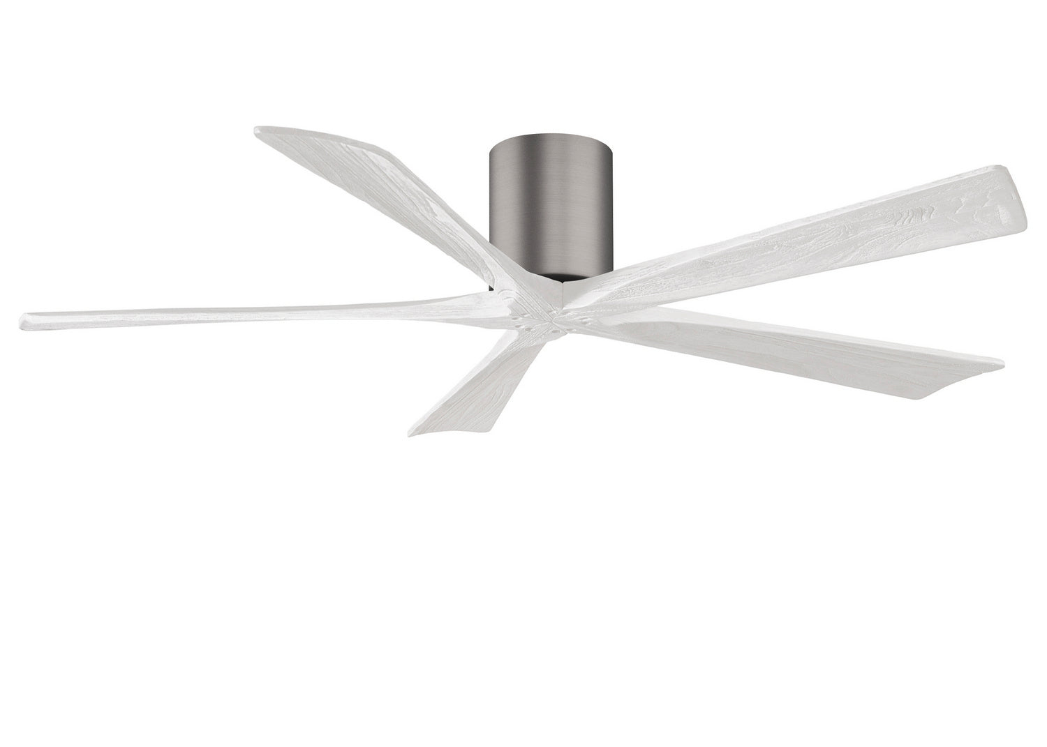 Matthews Fan IR5H-BP-MWH-60 Irene-5H five-blade flush mount paddle fan in Brushed Pewter finish with 60” solid matte white wood blades.