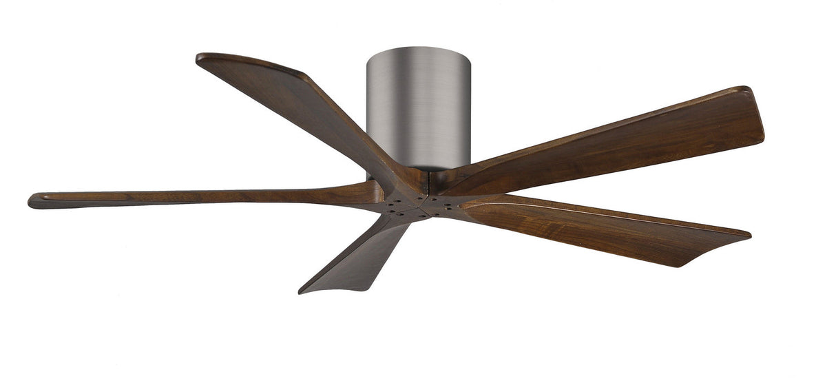 Matthews Fan IR5H-BP-WA-52 Irene-5H five-blade flush mount paddle fan in Brushed Pewter finish with 52” solid walnut tone blades. 