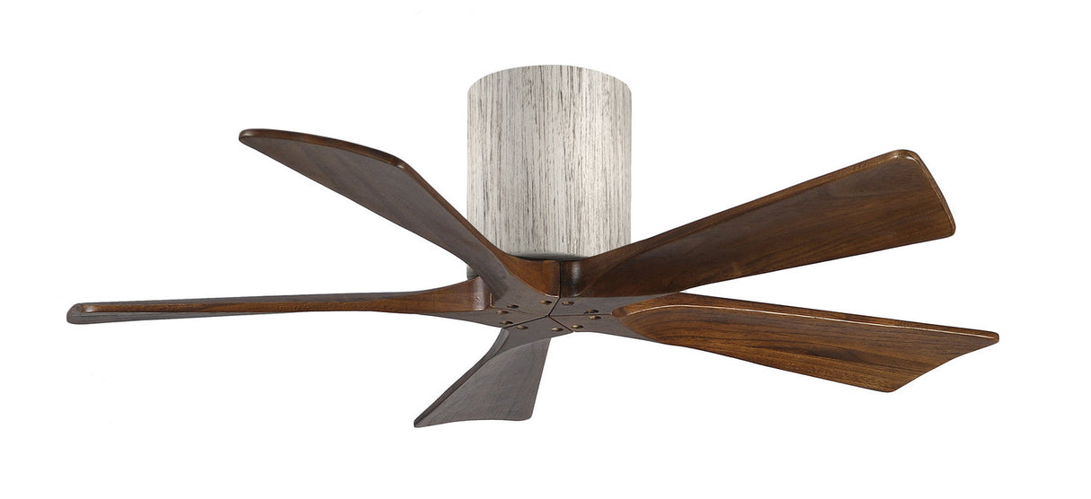 Matthews Fan IR5H-BW-WA-42 Irene-5H five-blade flush mount paddle fan in Barn Wood finish with 42” solid walnut tone blades. 