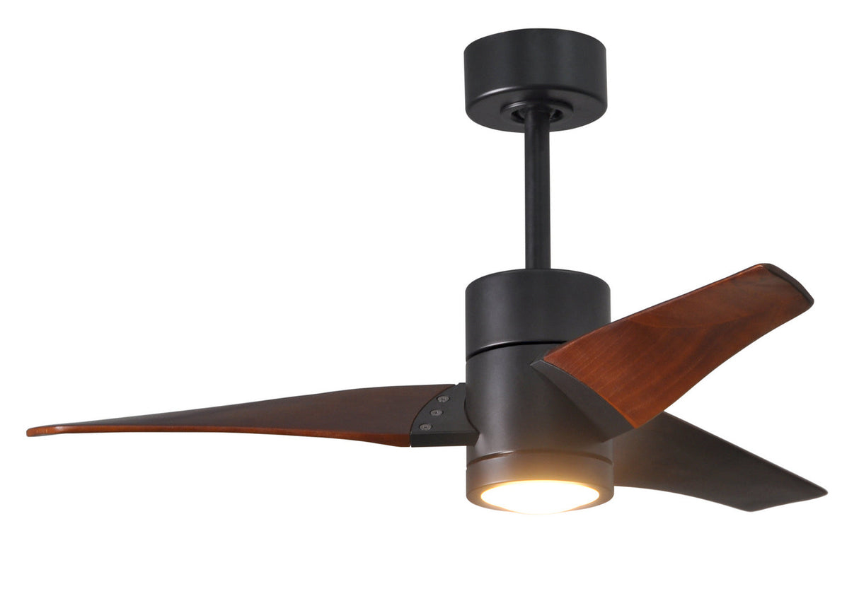 Matthews Fan SJ-BK-WN-42 Super Janet three-blade ceiling fan in Matte Black finish with 42” solid walnut tone blades and dimmable LED light kit 