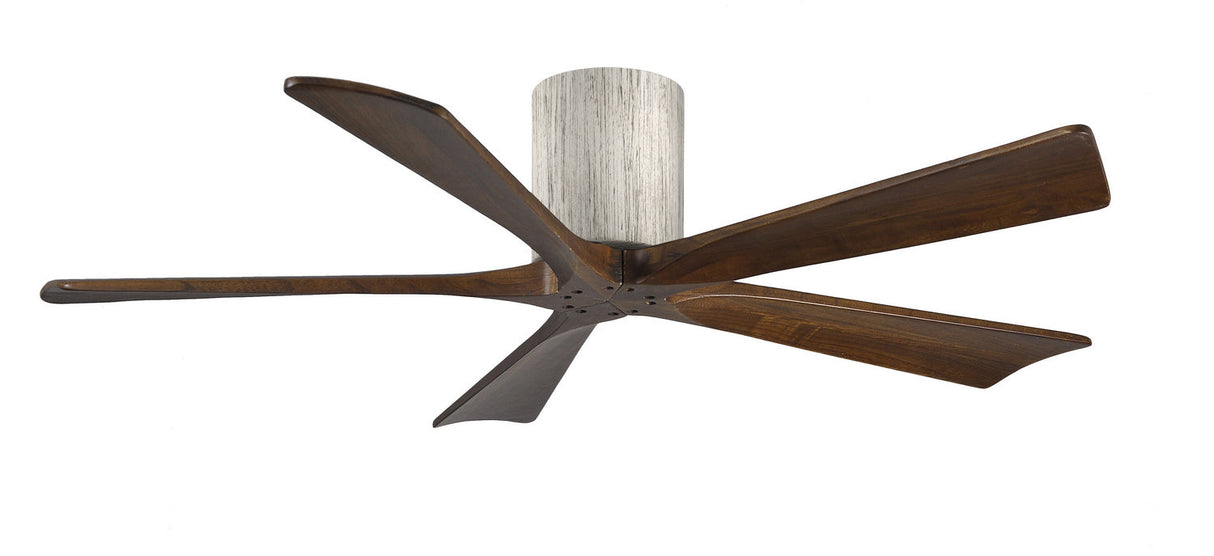 Matthews Fan IR5H-BW-WA-52 Irene-5H five-blade flush mount paddle fan in Barn Wood finish with 52” solid walnut tone blades. 