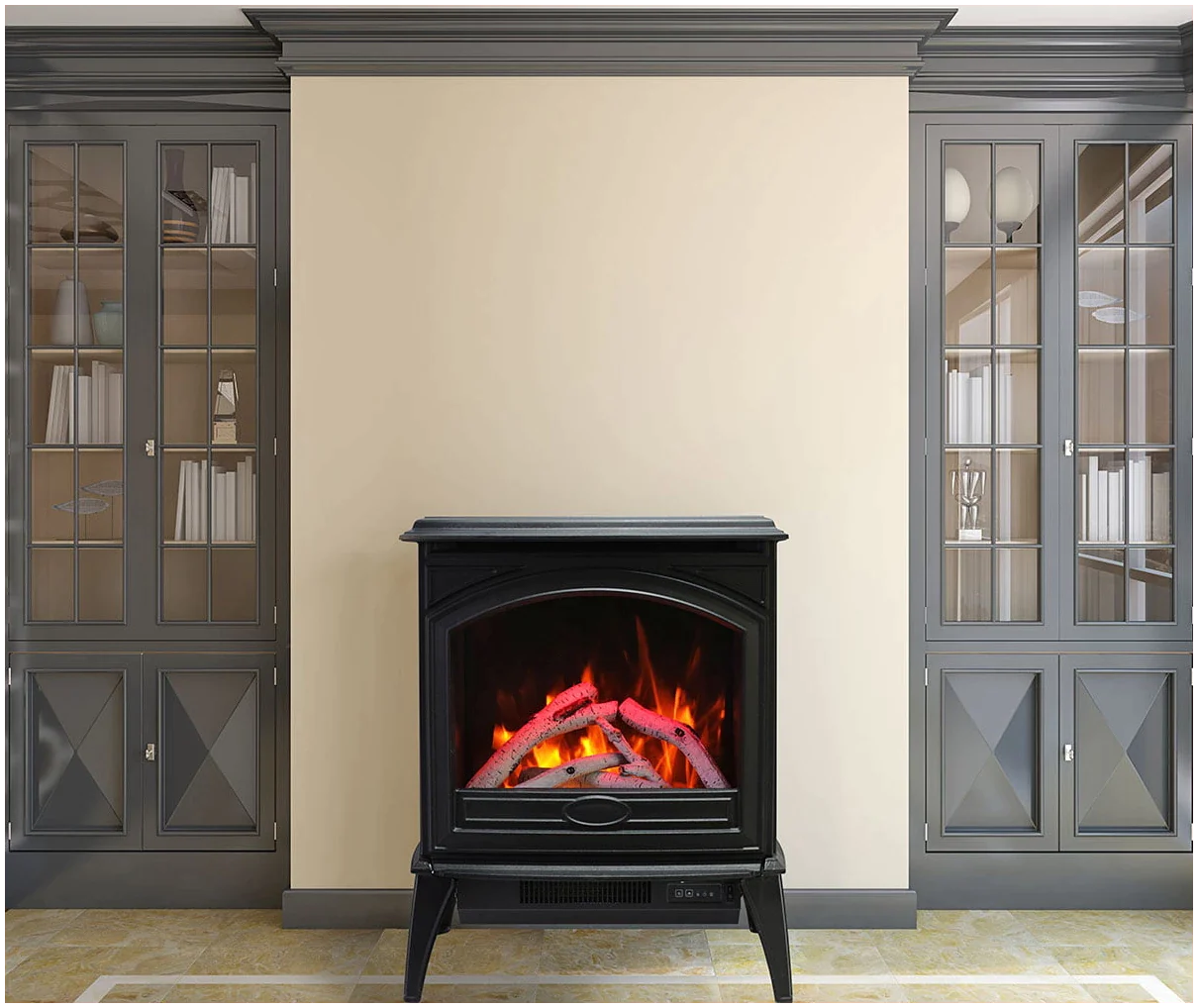 Amantii E50-NA Lynwood Series - 50 cm Freestand Electric Stove Featuring a Cast Iron Frame and a 10 Piece Birch Log Set