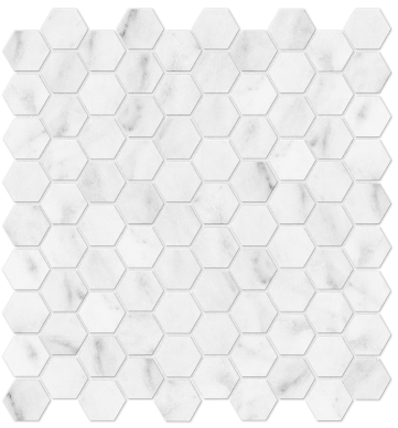 Anatolia Tile 1.25 Inch Bianco Venatino Polished Marble Stone Hexagon Mosaics. 1 Sheet = .95 Sq. Ft. 5001-0023-0 (76-372) Bianco Venatino Hexagon 1.25" Polished - premium natural stone mosaic tile from Anatolia Tile, available at PoshHaus showroom in Keene, NH
