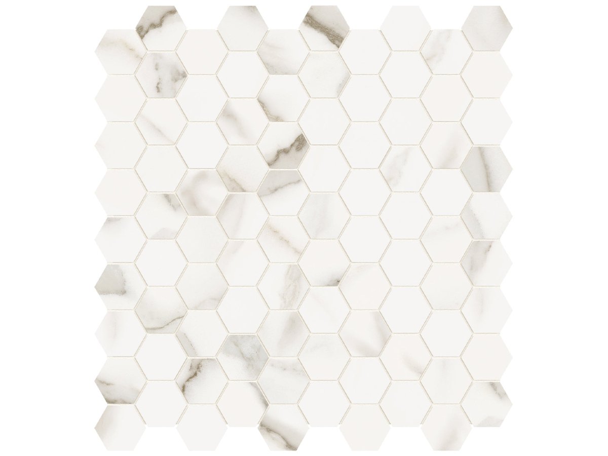 Anatolia Tile 1.25 Inch Mayfair Calacatta Polished Porcelain Hexagon Mosaics. 1 Sheet = .97 Sq. Ft. 4501-0146-1 Calacatta Oro 1.25" Hexagon - premium natural stone mosaic tile from Anatolia Tile, available at PoshHaus showroom in Keene, NH