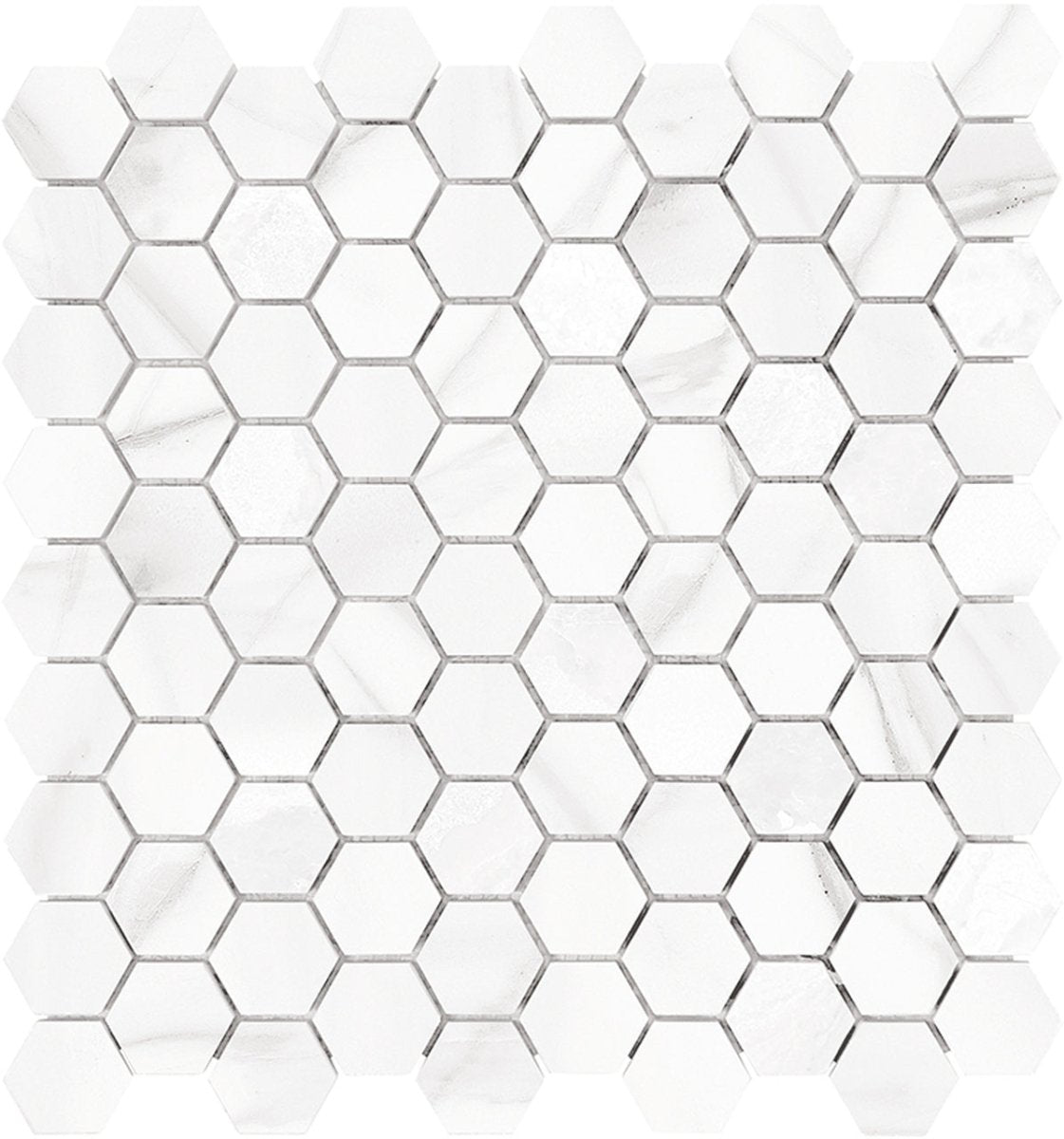 Anatolia Tile 1.25 Inch Mayfair Volakas Grigio Polished Porcelain Hexagon Mosaics 1 Sheet = .97 Sq. Ft. 4501-0151-1 Volakas Grigio 1.25" Hexagon - premium natural stone mosaic tile from Anatolia Tile, available at PoshHaus showroom in Keene, NH