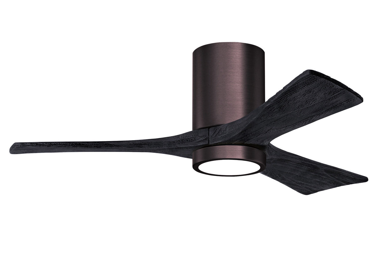 Matthews Fan IR3HLK-BB-BK-42 Irene-3HLK three-blade flush mount paddle fan in Brushed Bronze finish with 42” solid matte black wood blades and integrated LED light kit.