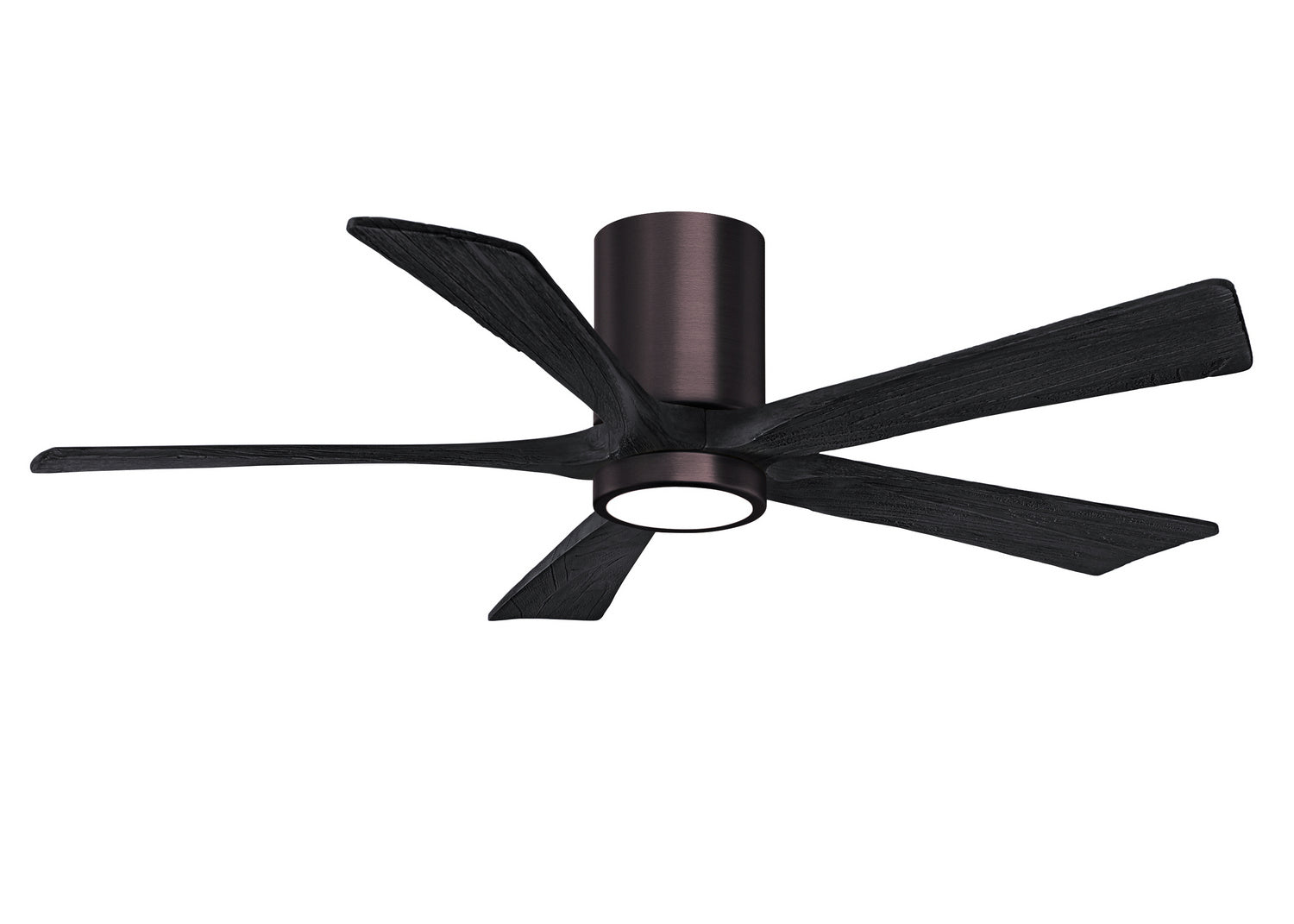 Matthews Fan IR5HLK-BB-BK-52 IR5HLK five-blade flush mount paddle fan in Brushed Bronze finish with 52” solid matte black wood blades and integrated LED light kit.