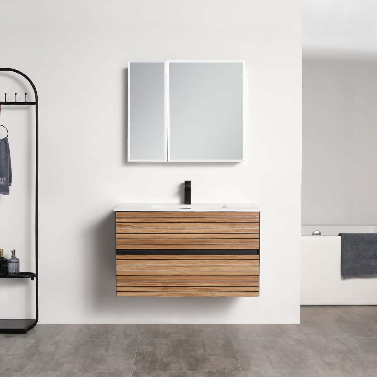 Blossom Annecy 36″ Wall-Hung Vanity - Modern Minimalist Design with Soft-Closing Drawers in Dark Walnut and Maple