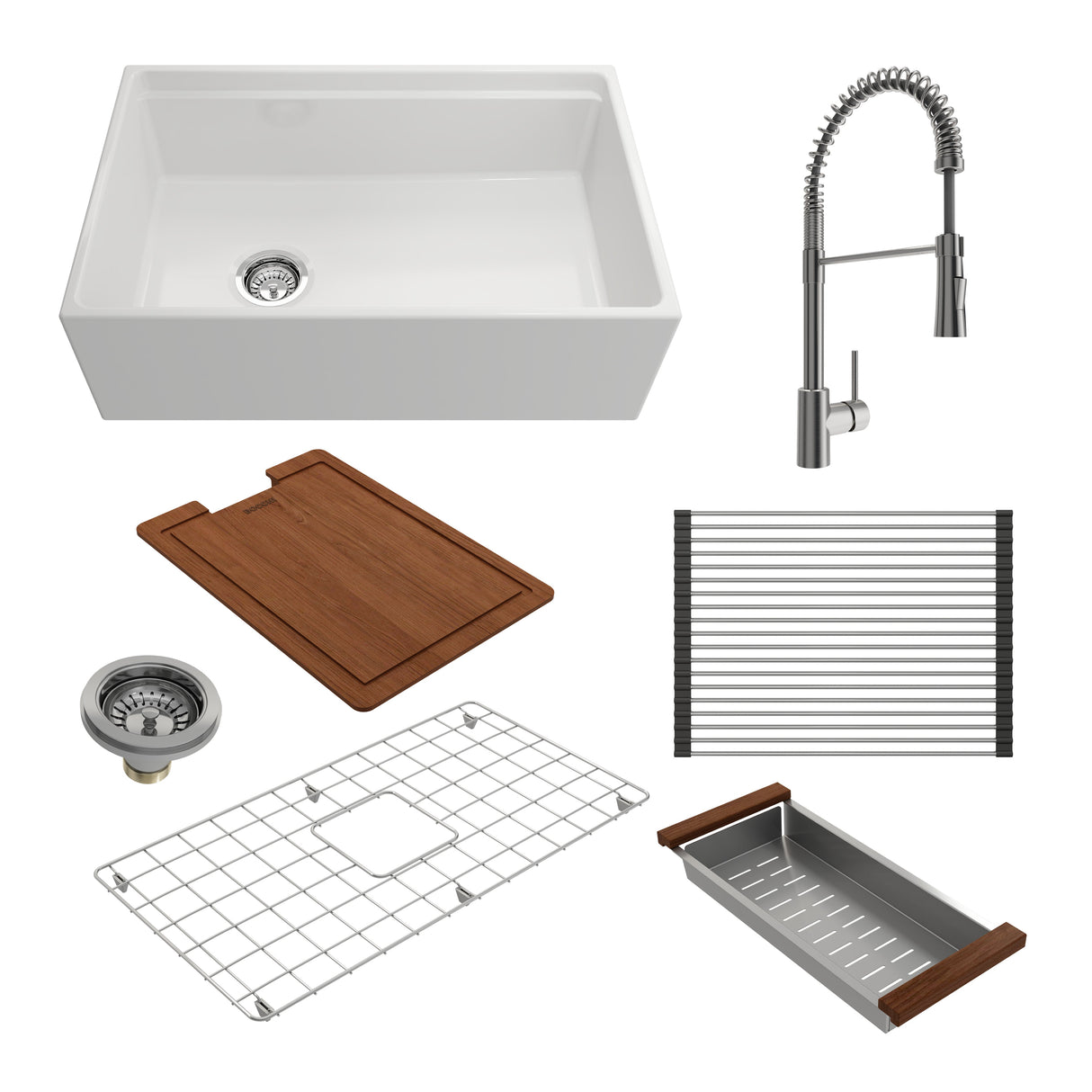 BOCCHI 1344-001-2020SS Kit: 1344 Contempo Step-Rim Apron Front Fireclay 30 in. Single Bowl Kitchen Sink with Integrated Work Station & Accessories w/ Livenza 2.0 Faucet