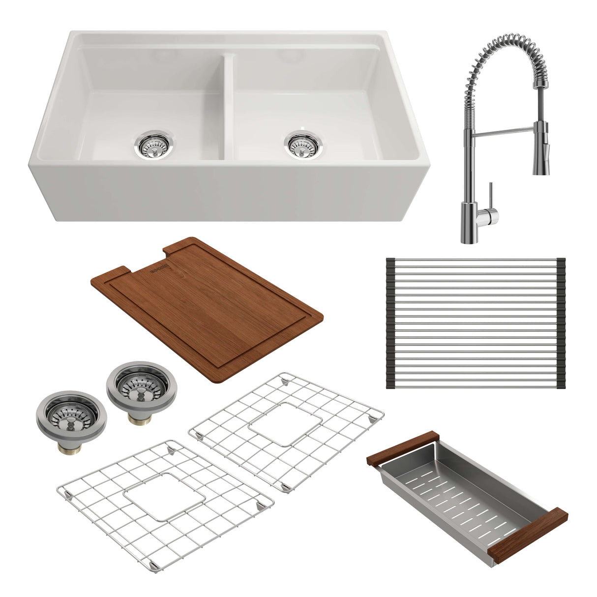 BOCCHI 1348-001-2020CH Kit: 1348 Contempo Step-Rim Apron Front Fireclay 36 in. Double Bowl Kitchen Sink with Integrated Work Station & Accessories w/ Livenza 2.0 Faucet