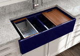 BOCCHI 1348-010-0120 Contempo Step-Rim Apron Front Fireclay 36 in. Double Bowl Kitchen Sink with Integrated Work Station & Accessories in Sapphire Blue