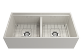 BOCCHI 1348-014-0120 Contempo Step-Rim Apron Front Fireclay 36 in. Double Bowl Kitchen Sink with Integrated Work Station & Accessories in Biscuit