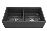 BOCCHI 1348-020-0120 Contempo Step-Rim Apron Front Fireclay 36 in. Double Bowl Kitchen Sink with Integrated Work Station & Accessories in Matte Dark Gray