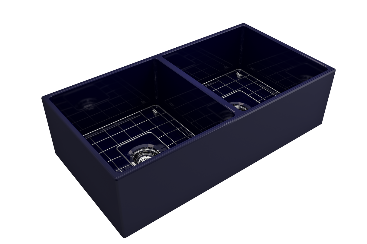 BOCCHI 1350-010-0120 Contempo Apron Front Fireclay 36 in. Double Bowl Kitchen Sink with Protective Bottom Grids and Strainers in Sapphire Blue
