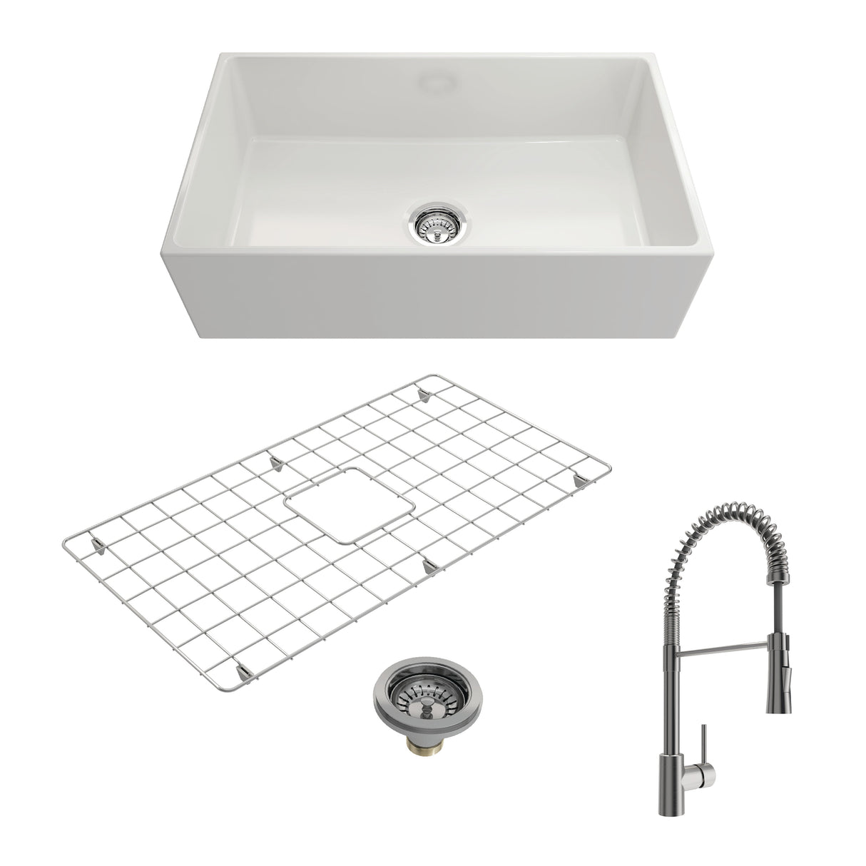 BOCCHI 1352-001-2020SS Kit: 1352 Contempo Apron Front Fireclay 33 in. Single Bowl Kitchen Sink with Protective Bottom Grid and Strainer w/ Livenza 2.0 Faucet