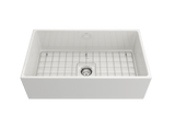BOCCHI 1352-001-0120 Contempo Apron Front Fireclay 33 in. Single Bowl Kitchen Sink with Protective Bottom Grid and Strainer in White