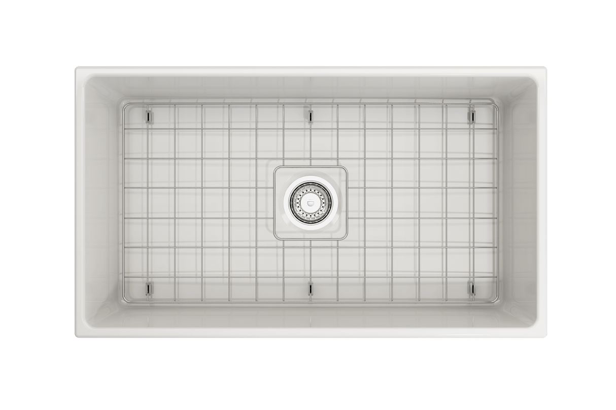 BOCCHI 1352-001-0120 Contempo Apron Front Fireclay 33 in. Single Bowl Kitchen Sink with Protective Bottom Grid and Strainer in White