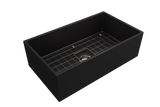 BOCCHI 1352-004-0120 Contempo Apron Front Fireclay 33 in. Single Bowl Kitchen Sink with Protective Bottom Grid and Strainer in Matte Black
