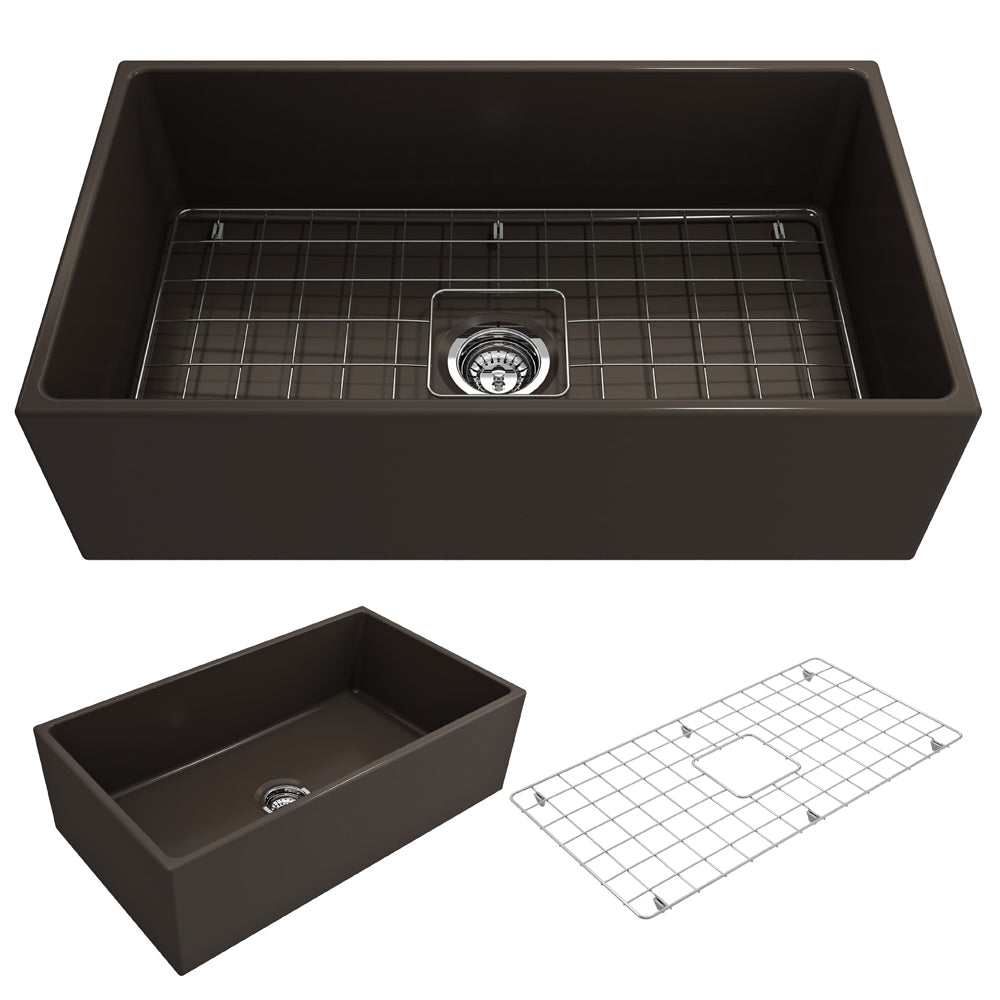BOCCHI 1352-025-0120 Contempo Apron Front Fireclay 33 in. Single Bowl Kitchen Sink with Protective Bottom Grid and Strainer in Matte Brown