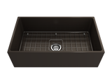 BOCCHI 1352-025-0120 Contempo Apron Front Fireclay 33 in. Single Bowl Kitchen Sink with Protective Bottom Grid and Strainer in Matte Brown