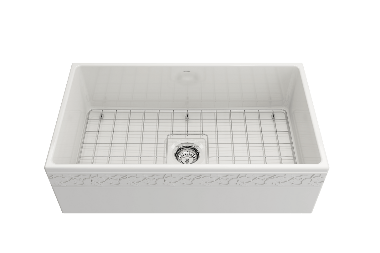 BOCCHI 1353-001-0120 Vigneto Apron Front Fireclay 33 in. Single Bowl Kitchen Sink with Protective Bottom Grid and Strainer in White
