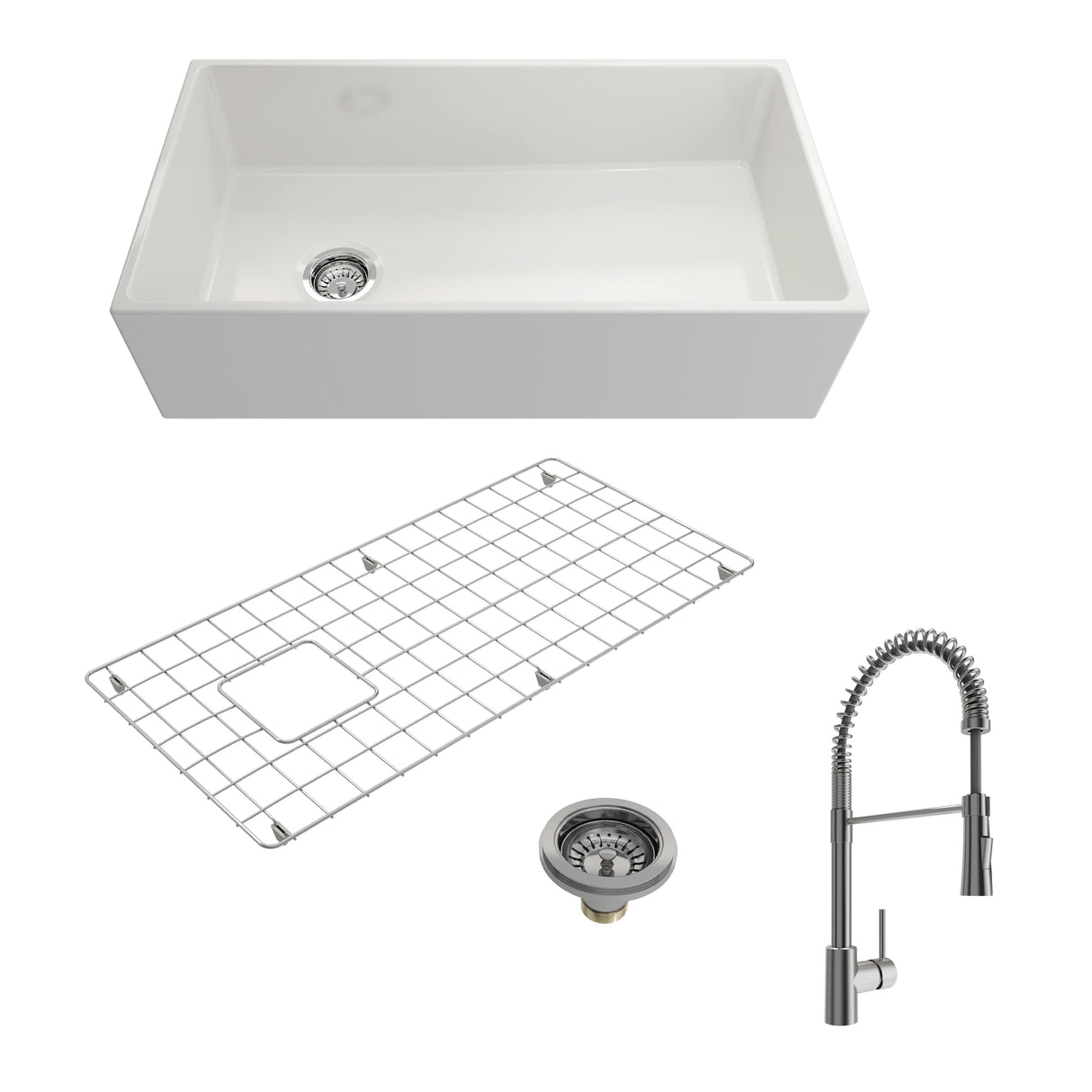 BOCCHI 1354-001-2020SS Kit: 1354 Contempo Apron Front Fireclay 36 in. Single Bowl Kitchen Sink with Protective Bottom Grid and Strainer w/ Livenza 2.0 Faucet