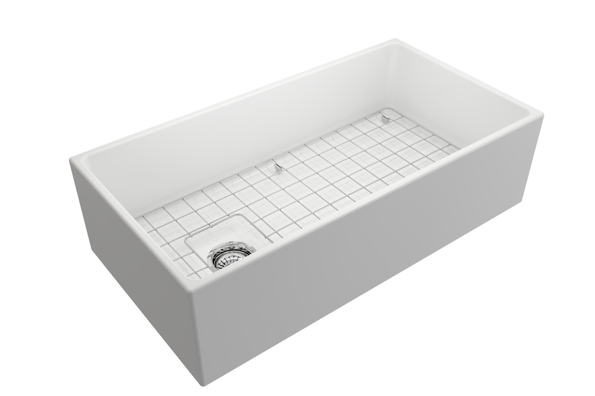 BOCCHI 1354-002-0120 Contempo Apron Front Fireclay 36 in. Single Bowl Kitchen Sink with Protective Bottom Grid and Strainer in Matte White