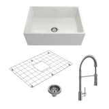 BOCCHI 1356-001-2020CH Kit: 1356 Contempo Apron Front Fireclay 27 in. Single Bowl Kitchen Sink with Protective Bottom Grid and Strainer w/ Livenza 2.0 Faucet