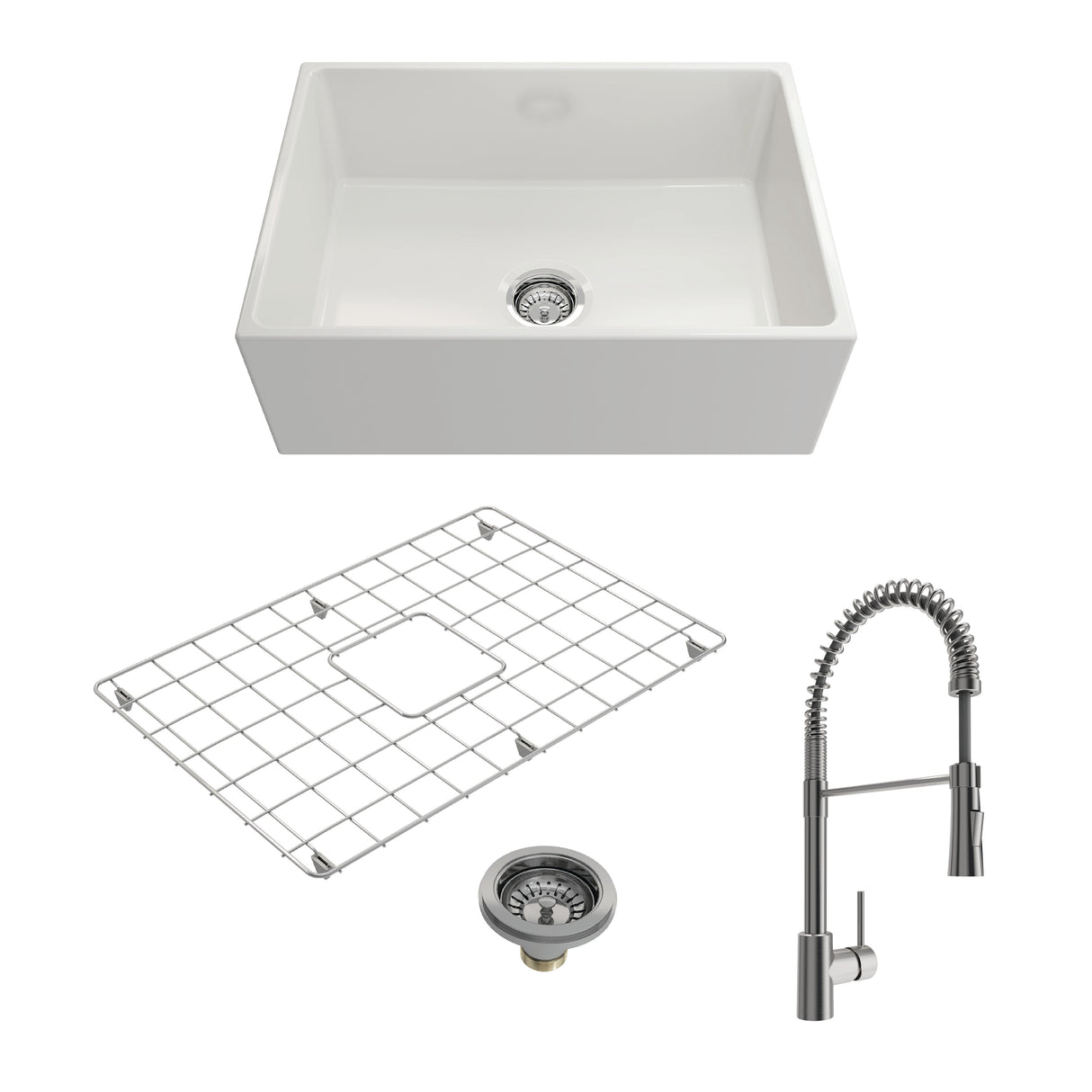 BOCCHI 1356-001-2020SS Kit: 1356 Contempo Apron Front Fireclay 27 in. Single Bowl Kitchen Sink with Protective Bottom Grid and Strainer w/ Livenza 2.0 Faucet