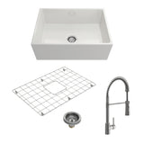 BOCCHI 1356-001-2020SS Kit: 1356 Contempo Apron Front Fireclay 27 in. Single Bowl Kitchen Sink with Protective Bottom Grid and Strainer w/ Livenza 2.0 Faucet