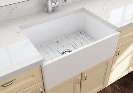 BOCCHI 1356-001-0120 Contempo Apron Front Fireclay 27 in. Single Bowl Kitchen Sink with Protective Bottom Grid and Strainer in White