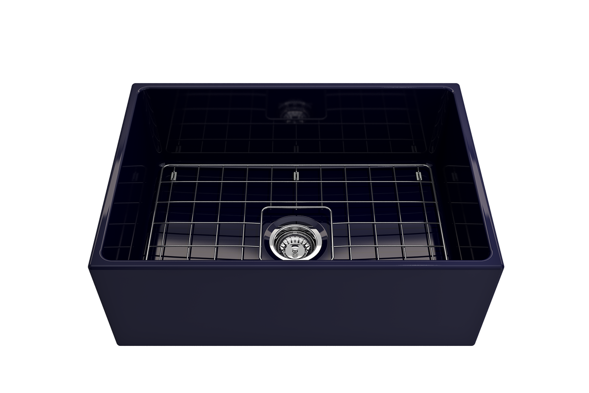 BOCCHI 1356-010-0120 Contempo Apron Front Fireclay 27 in. Single Bowl Kitchen Sink with Protective Bottom Grid and Strainer in Sapphire Blue