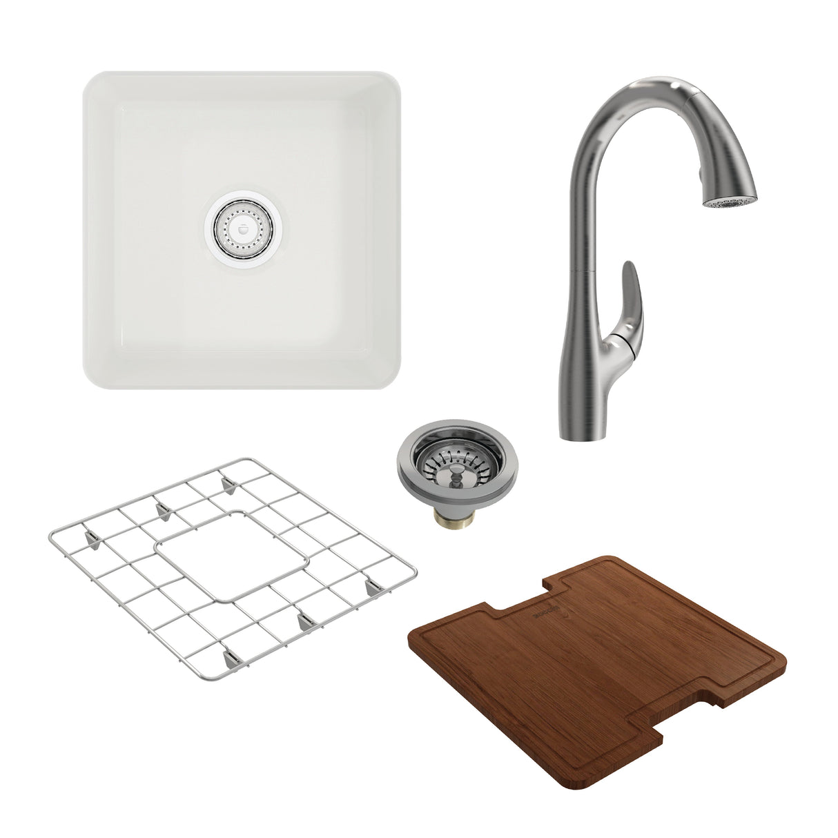 BOCCHI 1359-001-2024SS Kit: 1359 Sotto Dual-mount Fireclay 18 in. Single Bowl Bar Sink with protective Bottom Grid and Strainer and custom-fit Cutting Board top w/ Pagano 2.0 Faucet