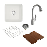 BOCCHI 1359-001-2024SS Kit: 1359 Sotto Dual-mount Fireclay 18 in. Single Bowl Bar Sink with protective Bottom Grid and Strainer and custom-fit Cutting Board top w/ Pagano 2.0 Faucet