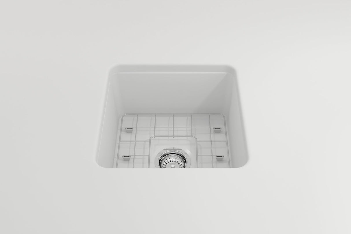 BOCCHI 1359-002-0120 Sotto Dual-mount Fireclay 18 in. Single Bowl Bar Sink with Protective Bottom Grid and Strainer in White