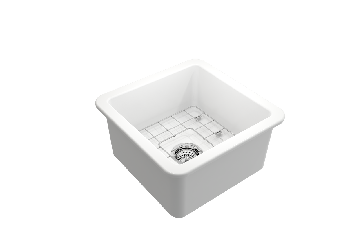 BOCCHI 1359-002-0120 Sotto Dual-mount Fireclay 18 in. Single Bowl Bar Sink with Protective Bottom Grid and Strainer in White