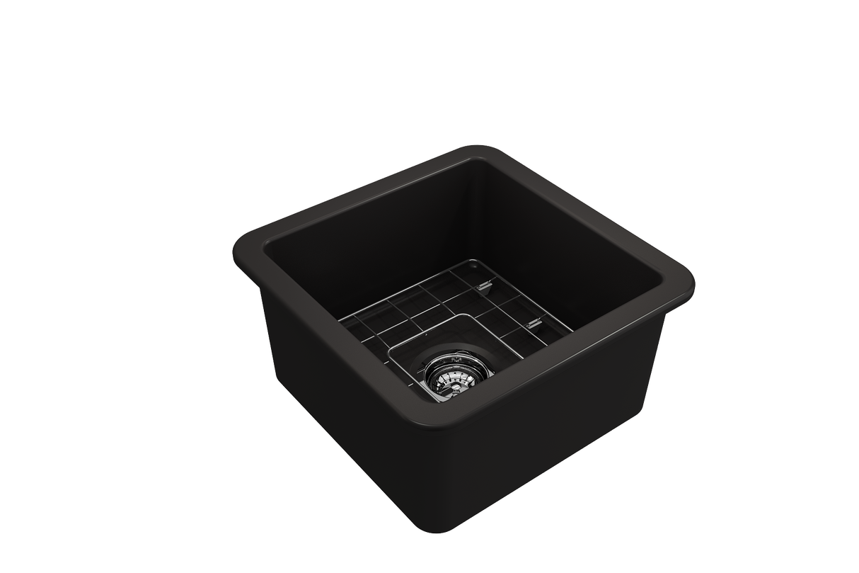 BOCCHI 1359-004-0120 Sotto Dual-mount Fireclay 18 in. Single Bowl Bar Sink with Protective Bottom Grid and Strainer in Matte Black