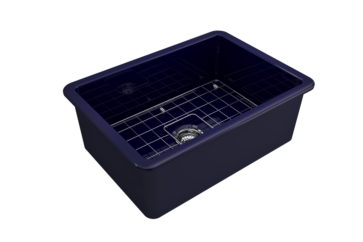 BOCCHI 1360-010-0120 Sotto Dual-mount Fireclay 27 in. Single Bowl Kitchen Sink with Protective Bottom Grid and Strainer in Sapphire Blue
