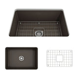 BOCCHI 1360-025-0120 Sotto Dual-mount Fireclay 27 in. Single Bowl Kitchen Sink with Protective Bottom Grid and Strainer in Matte Brown