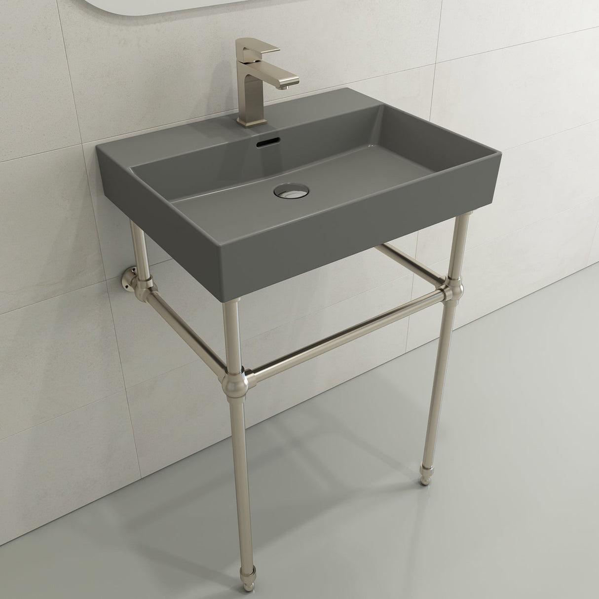 BOCCHI 1376-006-0126 Milano Wall-Mounted Sink Fireclay 24 in. 1-Hole with Overflow in Matte Gray