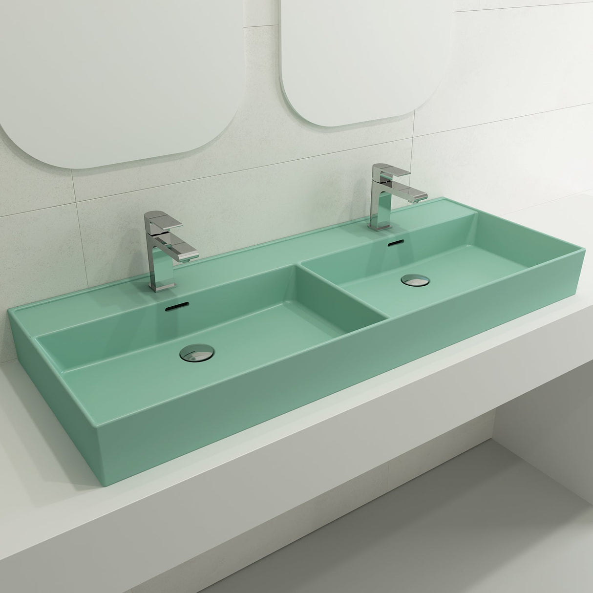 BOCCHI 1393-033-0132 Milano Wall-Mounted Sink Fireclay  47.75 in. Double Bowl for Two 1-Hole Faucets with Overflows in Matte Mint Green