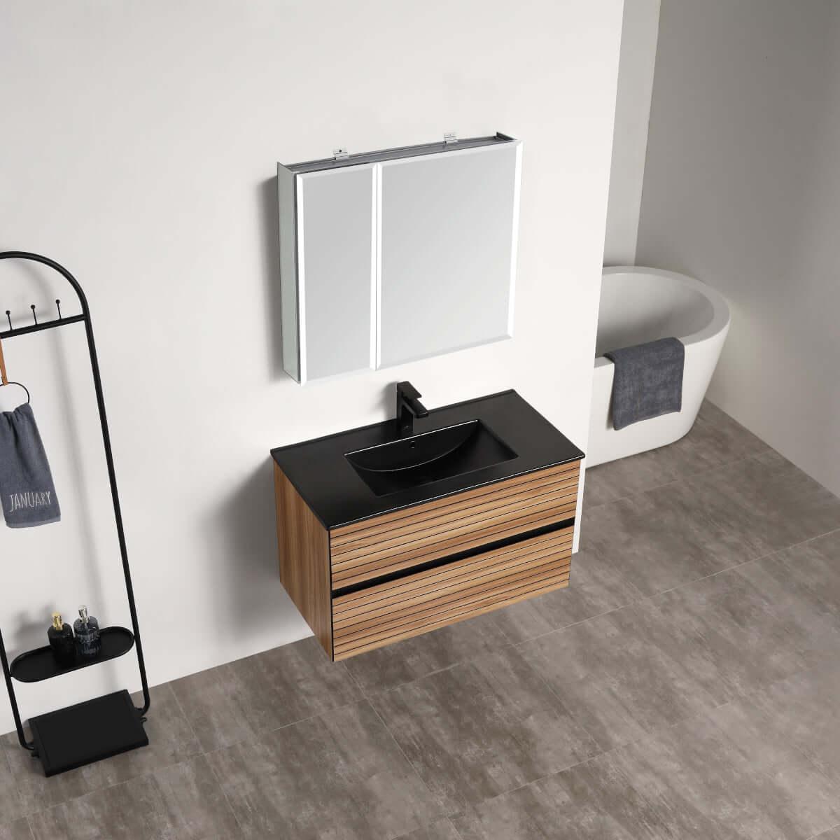 Blossom Annecy 36″ Wall-Hung Vanity - Modern Minimalist Design with Soft-Closing Drawers in Dark Walnut and Maple