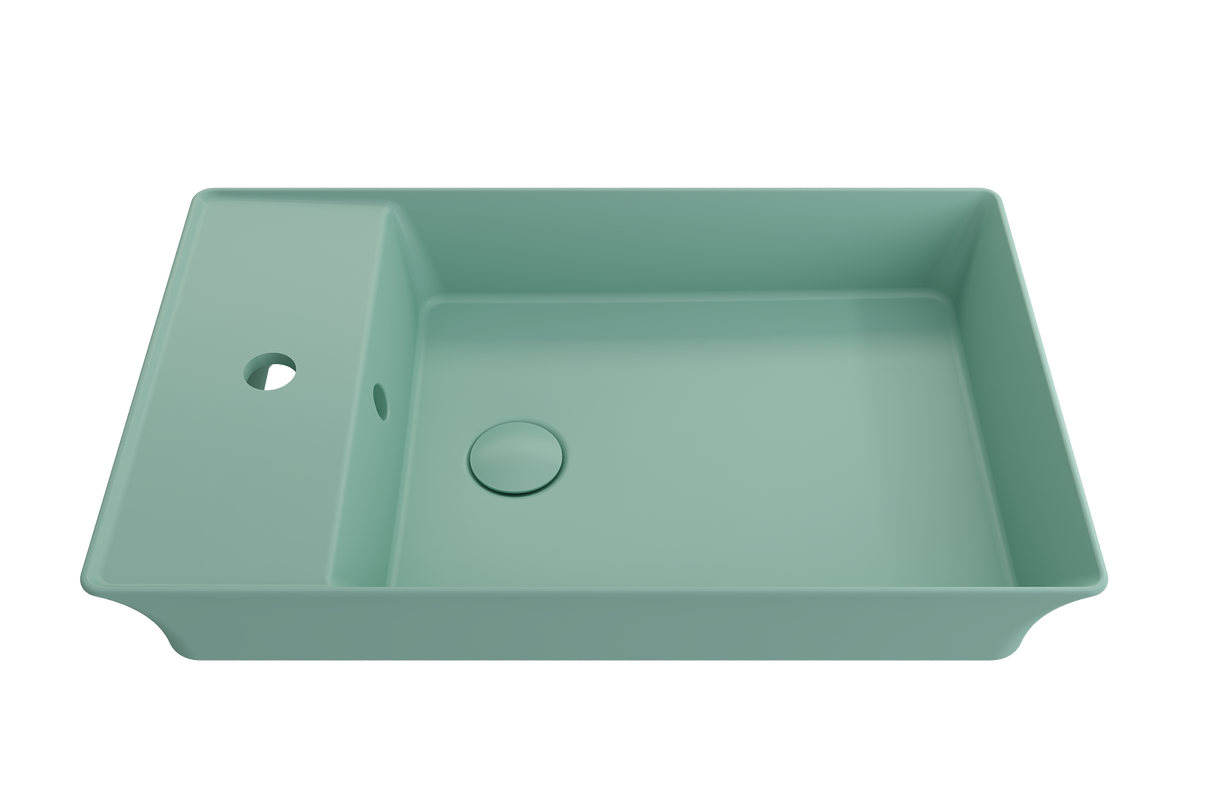BOCCHI 1479-033-0126 Sottile Rectangle Vessel Fireclay 23.5 in. 1-Hole Faucet Deck with Matching Drain Cover in Matte Mint Green
