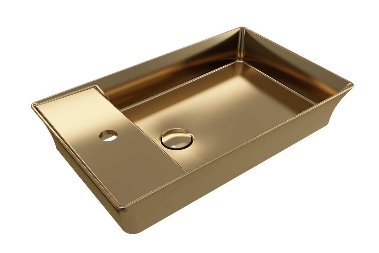 BOCCHI 1479-403-0126 Sottile Rectangle Vessel Fireclay 23.5 in. 1-Hole Faucet Deck with Matching Drain Cover in Matte Gold