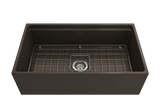 BOCCHI 1504-025-0120 Contempo Step-Rim Apron Front Fireclay 33 in. Single Bowl Kitchen Sink with Integrated Work Station & Accessories in Matte Brown