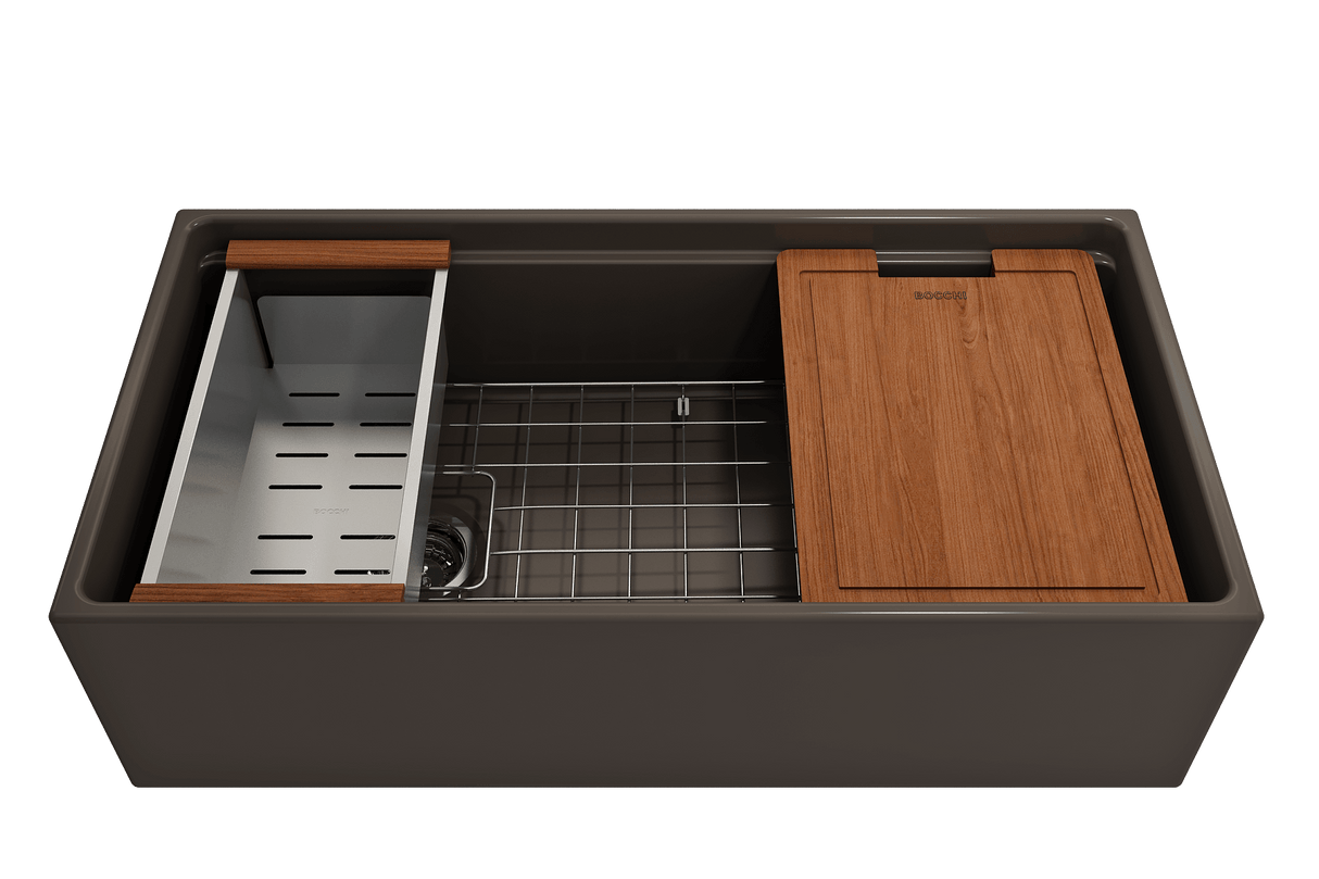 BOCCHI 1505-025-0120 Contempo Step-Rim Apron Front Fireclay 36 in. Single Bowl Kitchen Sink with Integrated Work Station & Accessories in Matte Brown